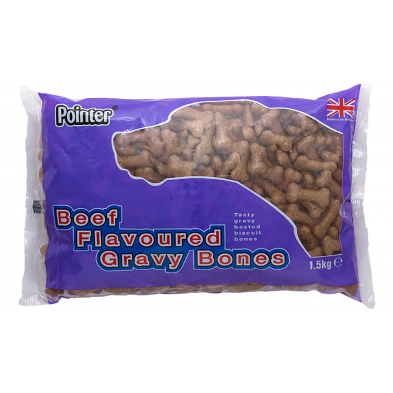 Pointer Beef Gravy Bones 1.5kgPointer Beef flavoured Gravy Bones are tasty gravy basted biscuit bones. A popular dog treat in the Pointer treat range. Naturally oven-baked from start to finish. NDog TreatsPointerMcCaskiePointer Beef Gravy Bones 1