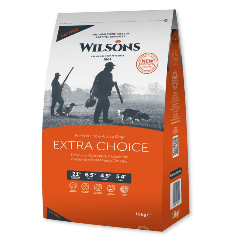 Wilsons Extra Choice Dog FoodWilsons Pet Food's Extra Choice is a complete muesli mix with added meaty chunks and kibble. It has been developed and improved for working and active dogs; to proviDog FoodWilsonsMcCaskieWilsons Extra Choice Dog Food